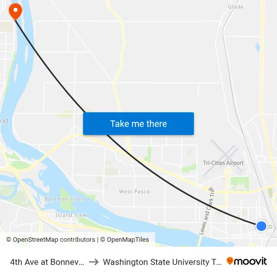 4th Ave at Bonneville St to Washington State University Tri-Cities map