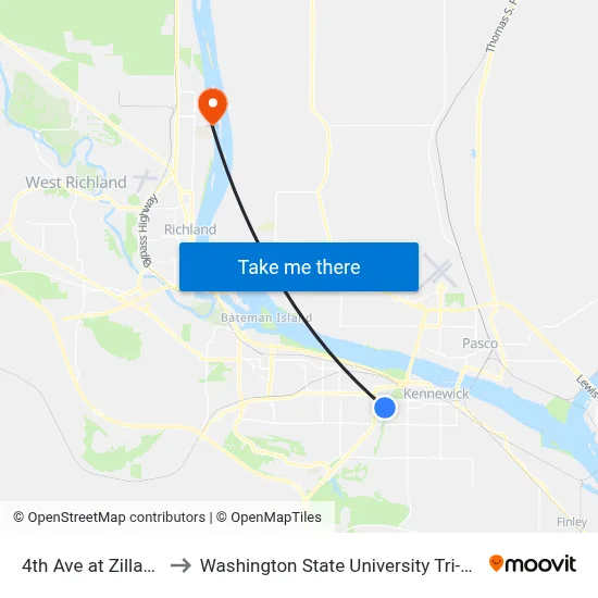 4th Ave at Zillah St to Washington State University Tri-Cities map