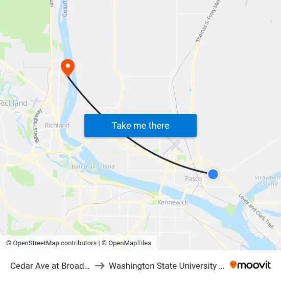 Cedar Ave at Broadway St to Washington State University Tri-Cities map