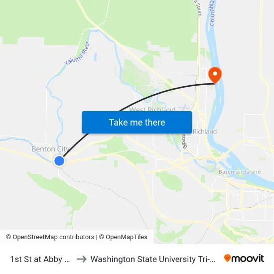 1st St at Abby Ave to Washington State University Tri-Cities map