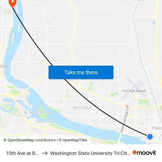 10th Ave at B St to Washington State University Tri-Cities map