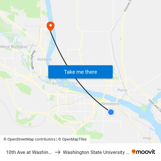 10th Ave at Washington St to Washington State University Tri-Cities map