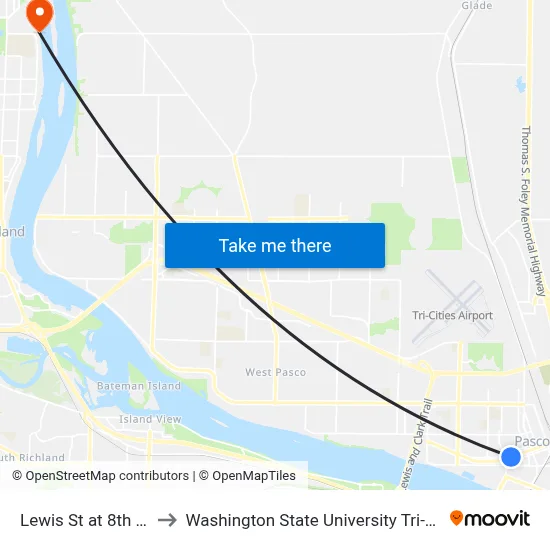 Lewis St at 8th Ave to Washington State University Tri-Cities map