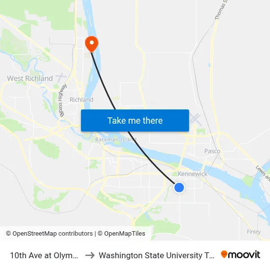 10th Ave at Olympia St to Washington State University Tri-Cities map