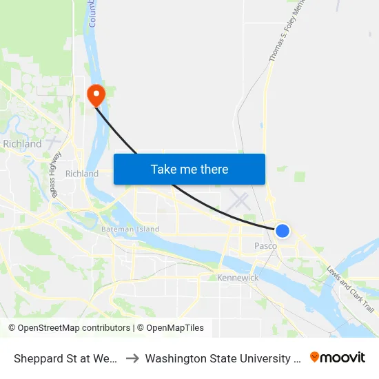 Sheppard St at Wehe Ave to Washington State University Tri-Cities map