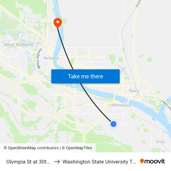 Olympia St at 30th Ave to Washington State University Tri-Cities map