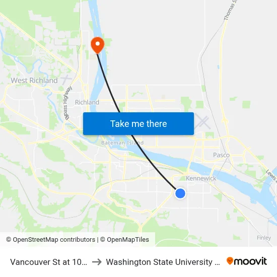 Vancouver St at 10th Ave to Washington State University Tri-Cities map