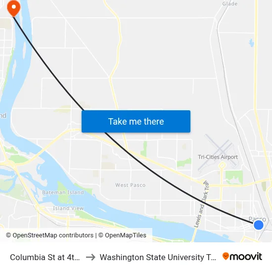 Columbia St at 4th Ave to Washington State University Tri-Cities map