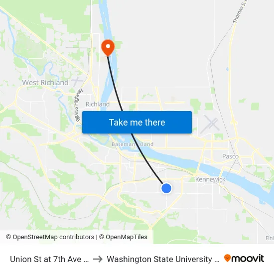 Union St at 7th Ave (West) to Washington State University Tri-Cities map