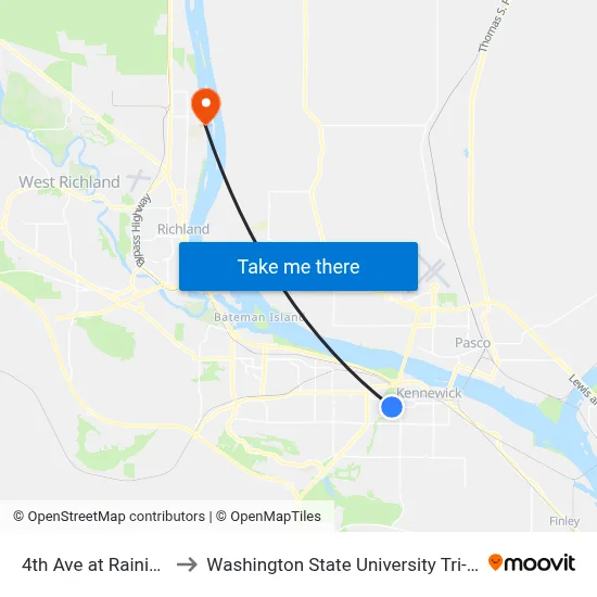 4th Ave at Rainier St to Washington State University Tri-Cities map
