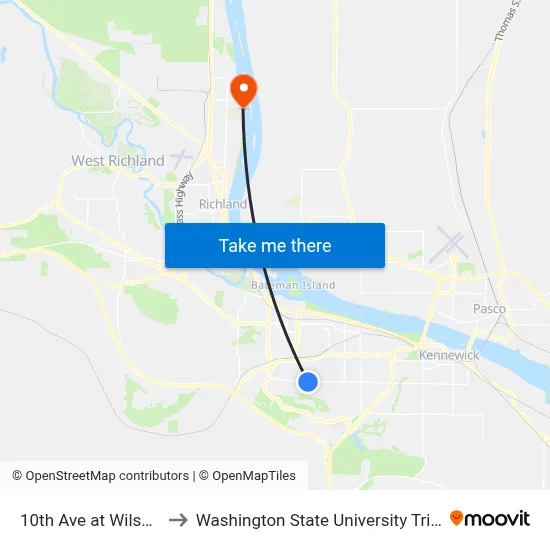 10th Ave at Wilson Ct to Washington State University Tri-Cities map