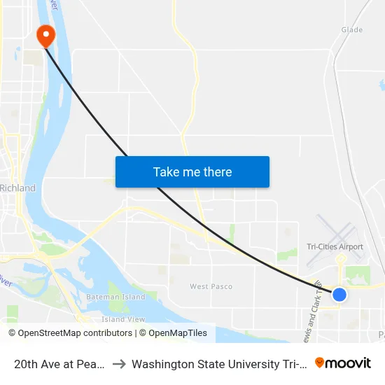 20th Ave at Pearl St to Washington State University Tri-Cities map