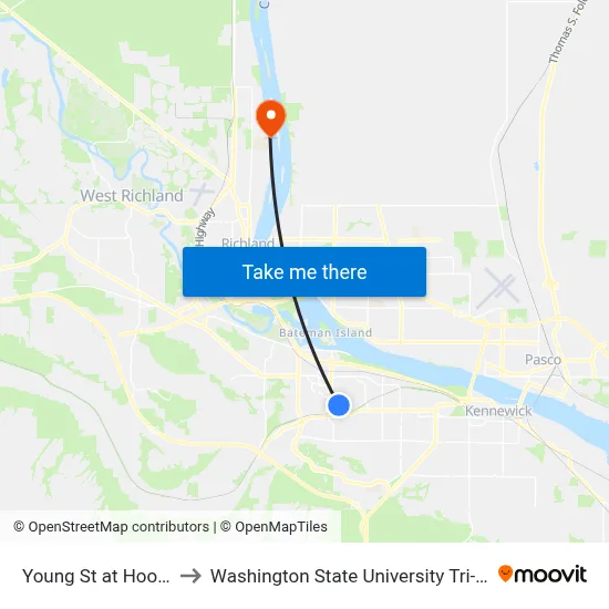 Young St at Hood Pl to Washington State University Tri-Cities map