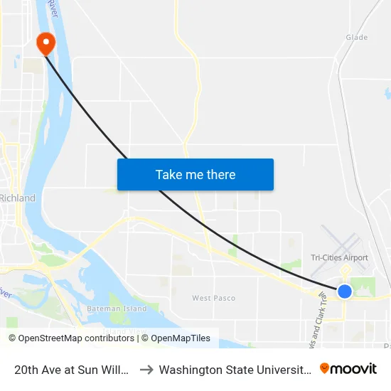 20th Ave at Sun Willows Blvd to Washington State University Tri-Cities map