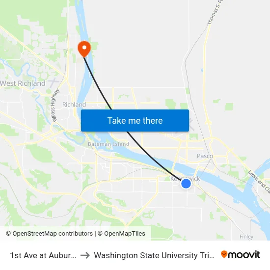 1st Ave at Auburn St to Washington State University Tri-Cities map