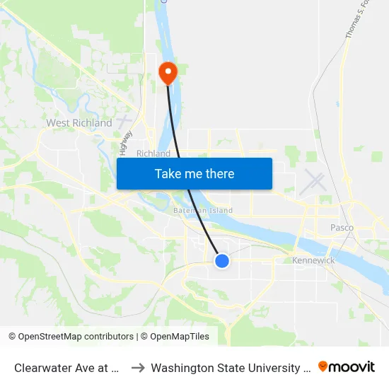 Clearwater Ave at Quay St to Washington State University Tri-Cities map