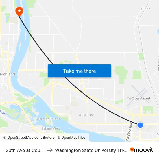 20th Ave at Court St to Washington State University Tri-Cities map