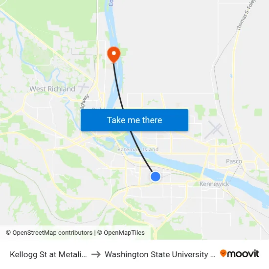 Kellogg St at Metaline Ave to Washington State University Tri-Cities map