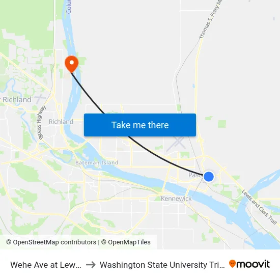 Wehe Ave at Lewis St to Washington State University Tri-Cities map