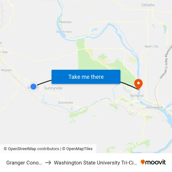 Granger Conoco to Washington State University Tri-Cities map