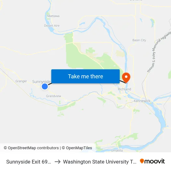 Sunnyside Exit 69 Shell to Washington State University Tri-Cities map