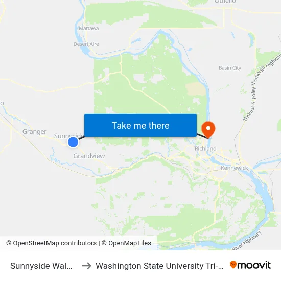 Sunnyside Walmart to Washington State University Tri-Cities map