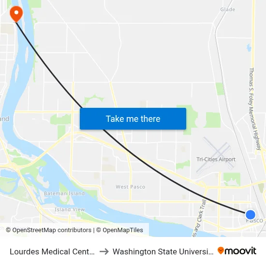 Lourdes Medical Center - Pasco to Washington State University Tri-Cities map
