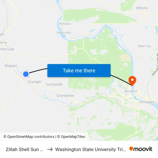 Zillah Shell Sun Mart to Washington State University Tri-Cities map