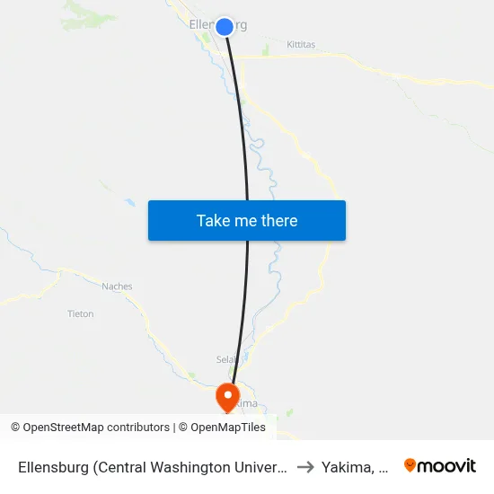 Ellensburg (Central Washington University) to Yakima, WA map