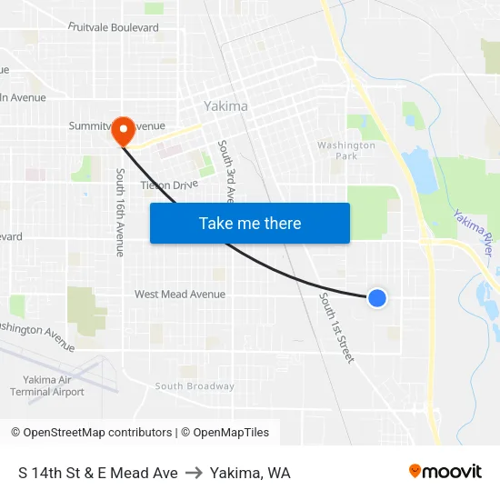 S 14th St & E Mead Ave to Yakima, WA map