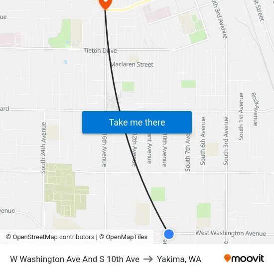 W Washington Ave And S 10th Ave to Yakima, WA map