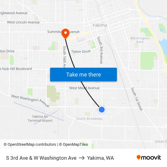 S 3rd Ave & W Washington Ave to Yakima, WA map