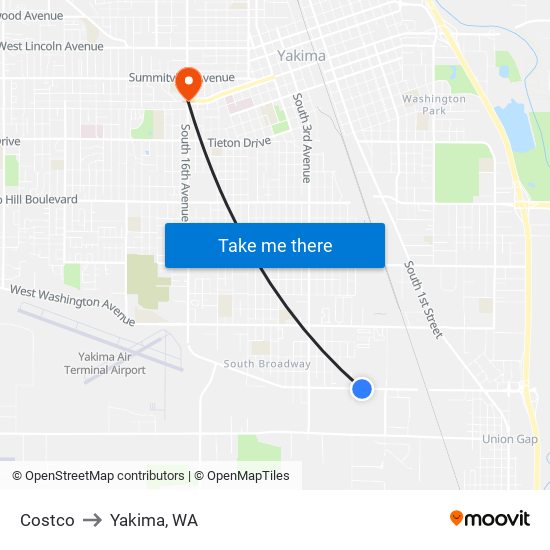 Costco to Yakima, WA map