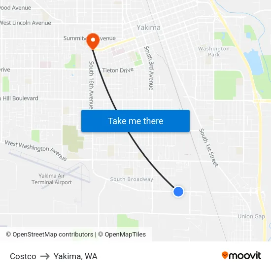 Costco to Yakima, WA map