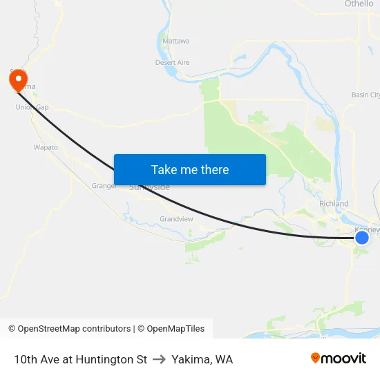 10th Ave at Huntington St to Yakima, WA map