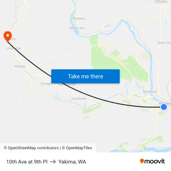 10th Ave at 9th Pl to Yakima, WA map