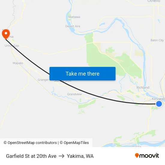Garfield St at 20th Ave to Yakima, WA map