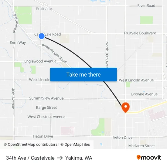 34th Ave / Castelvale to Yakima, WA map