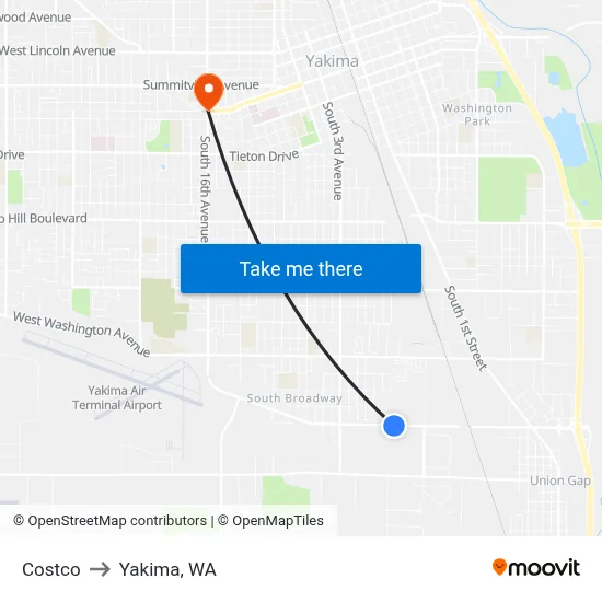 Costco to Yakima, WA map