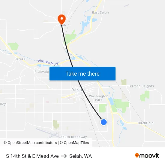 S 14th St & E Mead Ave to Selah, WA map