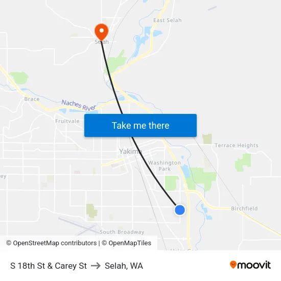S 18th St & Carey St to Selah, WA map