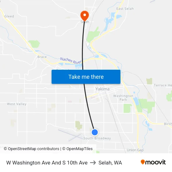 W Washington Ave And S 10th Ave to Selah, WA map