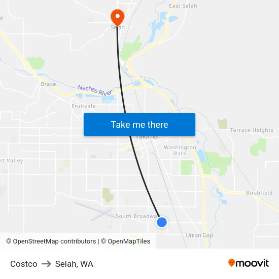 Costco to Selah, WA map