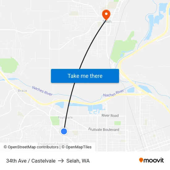 34th Ave / Castelvale to Selah, WA map