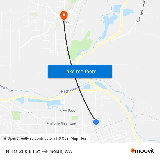 N 1st St & E I St to Selah, WA map