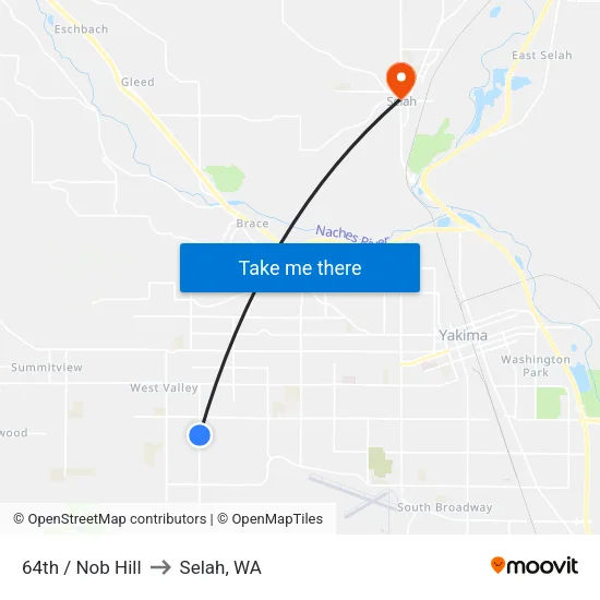 64th / Nob Hill to Selah, WA map