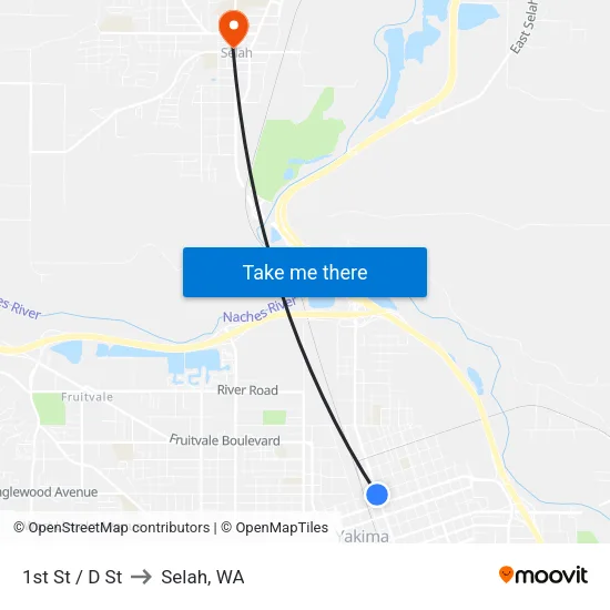 1st St / D St to Selah, WA map
