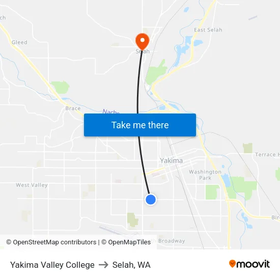 Yakima Valley College to Selah, WA map