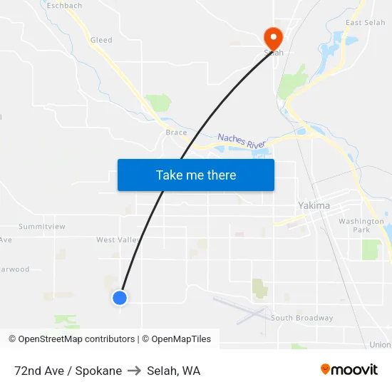 72nd Ave / Spokane to Selah, WA map