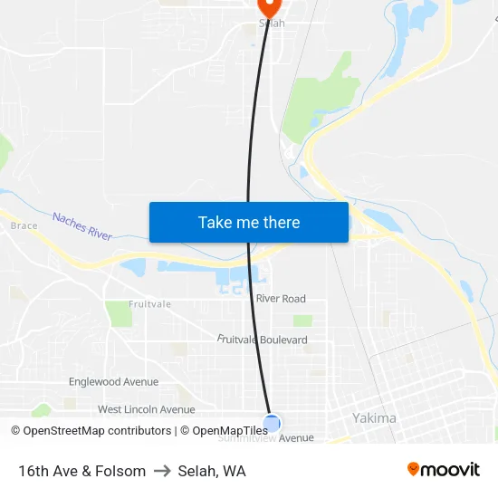 16th Ave & Folsom to Selah, WA map
